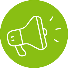 A green circle with a white line drawing of a megaphone.