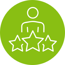 A green circle with a white line drawing of a person and three stars.