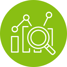 A green circle with a white line drawing of chart and magnifying glass.