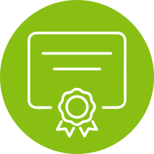 A green circle with a white line drawing of a certificate with a seal.